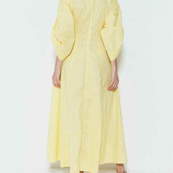 Yellow Elegant Women's V-Neck Long Sleeve Flared Hem Chic Maxi Dress - Picture 4 of 4